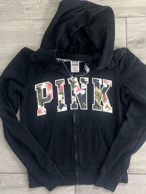 PINK Victoria's Secret Black Zip Hoodie with Floral Lettering